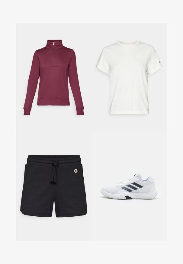 Maroon pullover sweatshirt with a half-zip collar, long sleeves, and ribbed cuffs. Features a front inset detail and soft fabric texture.; White short-sleeve cotton T-shirt with a crew neckline and a small logo on the upper left chest. Soft texture and standard fit.; Black sweat shorts made of soft fabric, featuring an elastic waistband with a drawstring and a small embroidered logo on the front.; White athletic shoe with mesh upper, three black stripes on the side, textured accents, and a sturdy rubber sole with a contrasting black section.