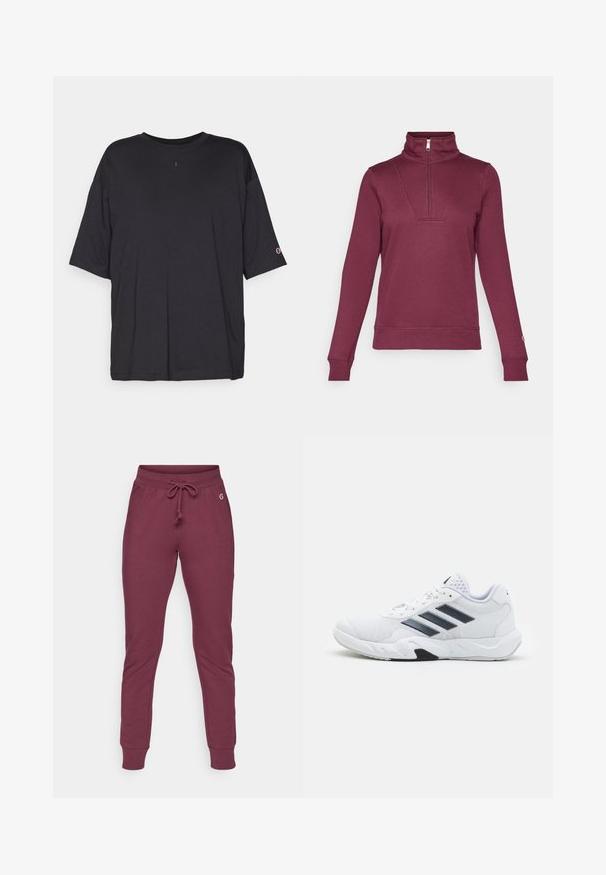 Sweatshirt pullover vinho com colarinho de meia zip, mangas longas e punhos canelados. Apresenta um detalhe inserido na frente e uma textura de tecido suave.; Champion ICONS OVERSIZE CREWNECK - T-shirt estampada - black; Calças de fato em bordeaux, em tecido macio, com um cós elástico ajustável, punhos canelados e um pequeno logótipo na anca.; Tênis atlético branco com parte superior em malha, três listras pretas de cada lado, detalhes texturizados e uma sola de borracha resistente com uma seção preta contrastante.