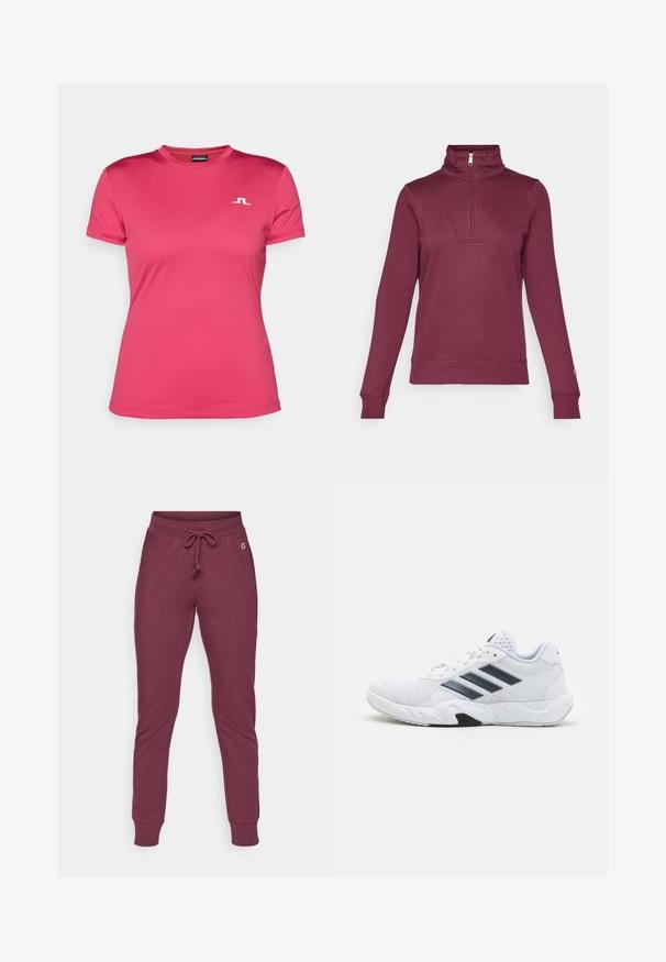 Bordový pulóver s polovičným zipsom, dlhými rukávmi a rebrovanými manžetami. Obsahuje predný zasunutý detail a mäkkú textúru látky.; Ružová športová košeľa vyrobená z hladkej, priedušnej tkaniny. Má krátke rukávy, okrúhly výstrih a malé biele logo na hrudi.; Bordové tepláky z jemného materiálu s nastaviteľným pásom, rebrovanými manžetami a malým logom na boku.; Biele športové topánky s ventilovaným vrchom, tromi čiernymi pruhmi po stranách, textúrovanými akcentmi a pevným gumovým podošvom s kontrastnou čiernou časťou.