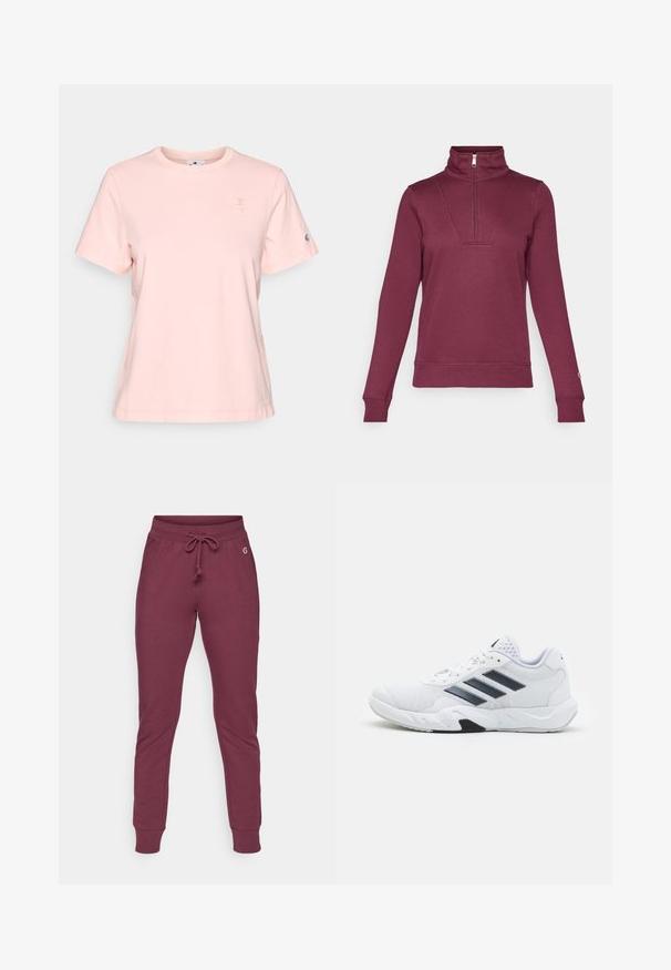 Pulover roșu închis cu fermoar până la jumătate, mâneci lungi și manșete ribbate. Prezintă un detaliu inserat în partea din față și o textură moale a materialului.; Tricou scurt cu mânecă, de culoare roz deschis, realizat din bumbac, având un mic logo brodat pe piept și un accent de logo pe mânecă.; Pantaloni de trening bordeaux dintr-un material moale, cu talie ajustabilă, manșete cu nervuri și un mic accent cu logo pe șold.; Adidași albi cu partea superioară din plasă, trei dungi negre pe lateral, accente texturate și o talpă din cauciuc solidă cu o secțiune contrastantă neagră.