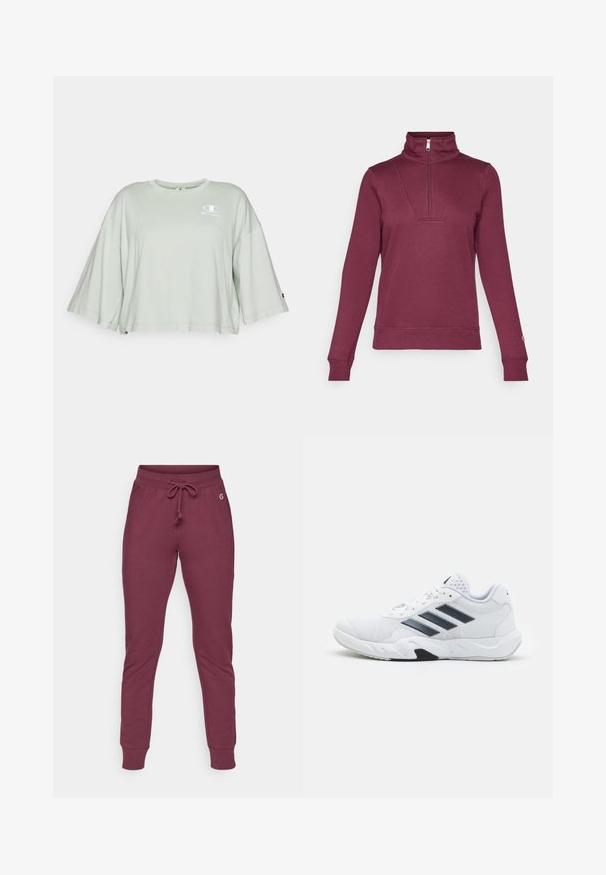 Burgundia värvi pulloveri särk, millel on poolsiid collar, pikad varrukad ja soonikkoes käised. Omab esiosal detailset sisekujundust ja pehmet kangast tekstuuri.; Hele rohelise värvi, lühikeste varrukatega puuvillane T-särk, millel on lühendatud disain, vaba lõige ja valge tikandiga logo rinnal.; Burgundia kvaliteetsed dressipüksid pehmest kangast, paeltega vöökohaga, ribakätistega ja väikese logoga puusadel.; Valge spordijalats, millel on võrkpealne, kolm musta triipu küljepeal, tekstuuriga aktsendid ning tugev kummist tallaosa, millel on kontrastne must osa.