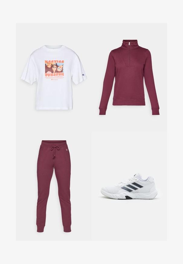 Burgunderfarget genser med halv glidelås i kragen, lange ermer og ribbestrikkede mansjetter. Har detaljer på fronten og en myk stofftekstur.; Hvit T-skjorte med korte ermer som har et fargerikt fotografisk motiv prydet med teksten "BESTIES FOREVER" og et Champion-logo på ermet.; Burgunderfargede joggebukser i myk stoff med snøring i livet, ribbede mansjetter og en liten logo på hoften.; Hvit sportsko med mesh-overdel, tre svarte striper på siden, teksturerte detaljer og en solid gummisåle med en kontrasterende svart seksjon.