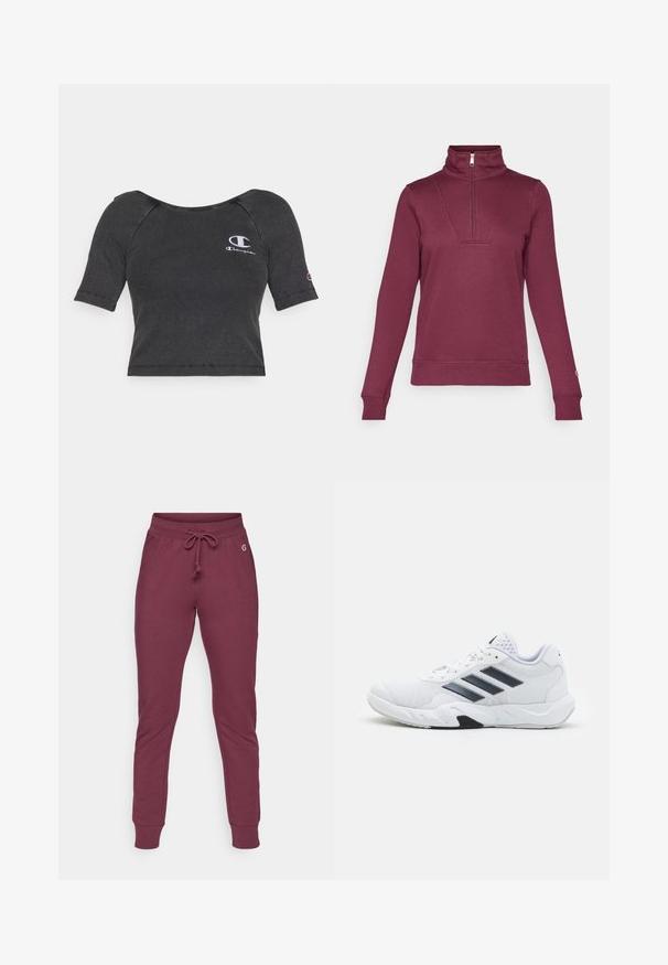 Maroon pullover sweatshirt with a half-zip collar, long sleeves, and ribbed cuffs. Features a front inset detail and soft fabric texture.; Black ribbed short-sleeve cropped t-shirt with a rounded neckline and a white embroidered logo on the left chest and sleeve.; Burgundy sweatpants in soft fabric with a drawstring waistband, ribbed cuffs, and a small logo accent on the hip.; White athletic shoe with mesh upper, three black stripes on the side, textured accents, and a sturdy rubber sole with a contrasting black section.