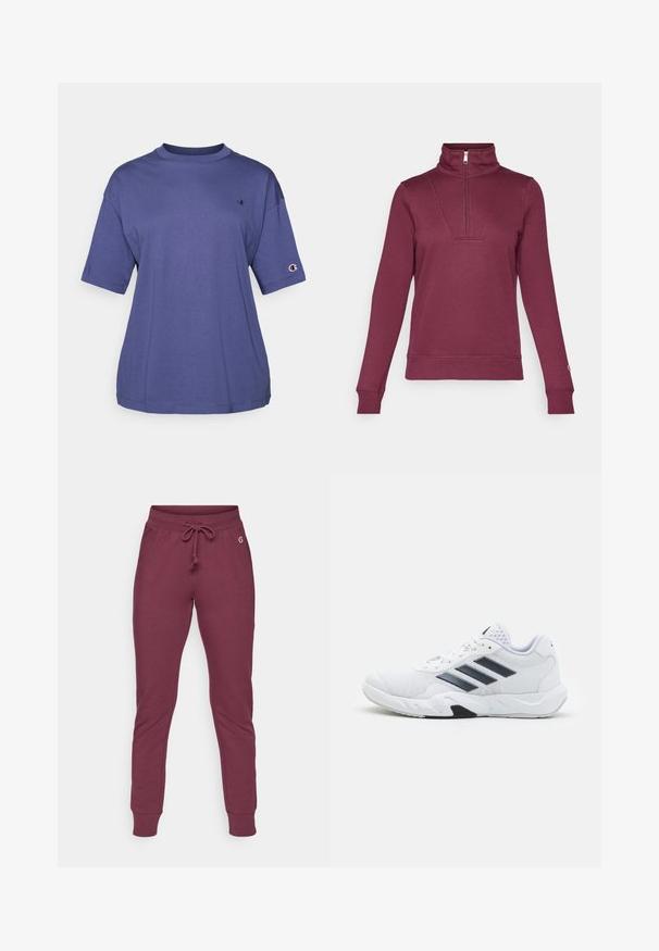 Pulover roșu închis cu fermoar până la jumătate, mâneci lungi și manșete ribbate. Prezintă un detaliu inserat în partea din față și o textură moale a materialului.; Tricou din bumbac mov, cu guler rotund și mâneci scurte, având un logo mic pe piept și o eticheta cu logo pe mânecă.; Pantaloni de trening bordeaux dintr-un material moale, cu talie ajustabilă, manșete cu nervuri și un mic accent cu logo pe șold.; Adidași albi cu partea superioară din plasă, trei dungi negre pe lateral, accente texturate și o talpă din cauciuc solidă cu o secțiune contrastantă neagră.