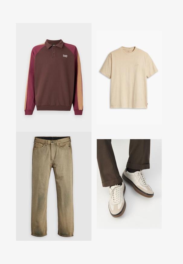 Dolga majica polo v rjavi barvi z rokavi v burgundski in bež barvi, ki so barvano blokirani, ter majhnim belim logotipom "Kaotiko society" na prsih.; Bež majica s kratkimi rokavi iz bombaža z okroglim izrezom. Na prsih ima subtilen logotip "Levi's" v isti barvi. Mehka tekstura.; Khaške ravne hlače z petimi žepi, gumbnim zapiranjem in zankami za pas, položene na belo ozadje.; Bež teniske z teksturiranim prednjim delom iz usnja, gladkimi kožnimi stranicami in rjavo gumijasto podplatom. Vključene vezalke in svetla šivana detajla.