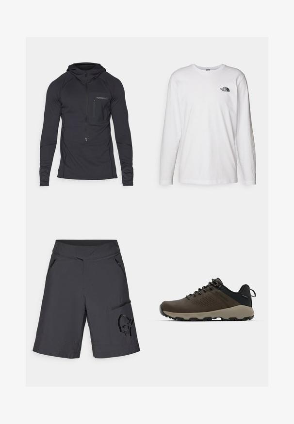 Musta hupparipaita pitkällä hihalla, jossa on edessä vetoketjupussi ja teksturoitu kangas. Sisältää ommeltuja yksityiskohtia ja istuvan muotoilun.; Valkoinen pitkähihaisen T-paita, joka on valmistettu puuvillasta ja jossa on pyöreä kaula-aukko. Rintamuksessa on pieni musta logo. Sileä kangas, normaali malli.; Tummanharmaat lyhyet housut, jotka on valmistettu kevyestä kankaasta, ja joissa on vetoketjullinen tasku sekä kohokuvioitu kuvio sivulla. Säädettävä vyötärö ja ommellut lahkeet.; Ruske vedenäyttävät lenkkarit, joissa on tekstuuroitu päällinen, reikiä korostavia yksityiskohtia, musta kantatuki ja harmaa kumipohja. Kiristysnauhoissa on metalliset päät.