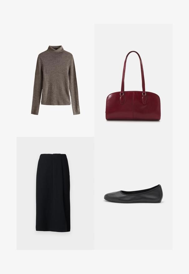 Brauner Rollkragenpullover aus weichem Strickstoff, mit langen Ärmeln und lockerem Schnitt. Texturierte Oberfläche mit minimalen Designdetails.; Weekend Max Mara DEBORAH - Bleistiftrock - nero; Schwarze Leder-Ballettschuhe mit abgerundeter Spitze, glatter Textur, minimalen Nähdetails und einem flexiblen Sohlen-Design.; Zign LEATHER - Handtasche - dark red