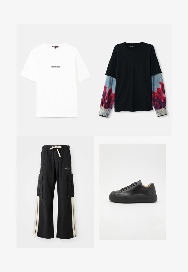 Černé tričko s oversized deninovými rukávy, které mají červené plamenné vzory. Vyrobené z bavlny, má kulatý výstřih a nezačištěný lem.; Bílé bavlněné tričko s uvolněným střihem, které má krátké rukávy a černé logo "MICHAEL KORS" potištěné přes střed.; Černé cargo kalhoty s elastickým pasem a šňůrkou, obsahují krémové postranní pruhy, více kapes a detail loga na přední straně.; Černé kožené tenisky s kulatou špičkou, šněrováním v přední části, hladkým povrchem, silnou gumovou podrážkou a kontrastním tan interiérem.