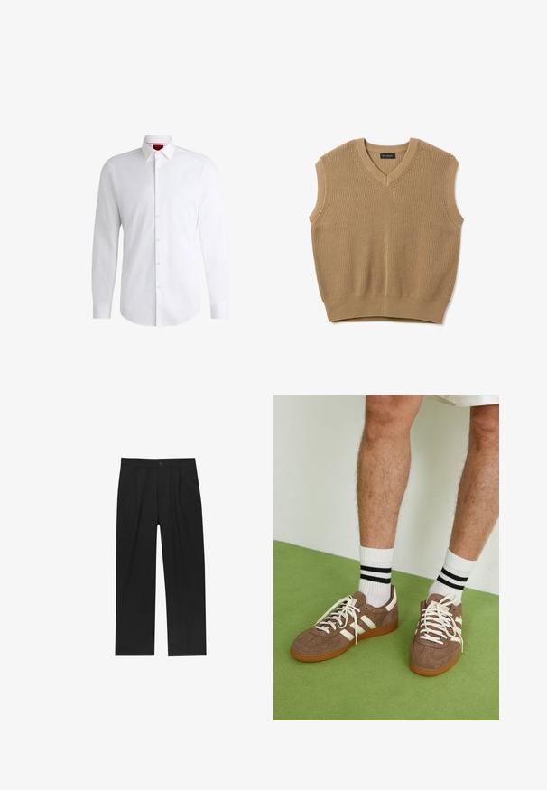 Pull sans manches beige en tricot avec un col en V, un tissu texturé et un ourlet côtelé. Étiquette de marque "PIOMBO" située sur le col.; Chemise blanche à manches longues en tissu lisse avec un col classique et un ourlet arrondi. Présente des boutons beiges à l'avant.; Pantalons noirs au design droit, fabriqués à partir d'un tissu lisse. Dotés de plis sur le devant et d'une fermeture à un bouton à la taille.; Baskets en daim marron avec des accents et des lacets blancs. Semelle en caoutchouc gomme. Portées avec des chaussettes blanches à rayures noires. Sol texturé vert.