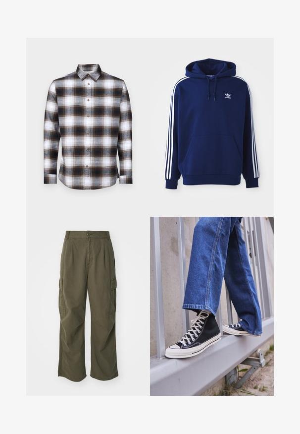 Tmavě modrá mikina s kapucí vyrobená z bavlněné směsi, má bílé boční pruhy, nastavitelnou kapuci se stahovací šňůrkou a přední klokaní kapsu.; Hedvábná košile s dlouhým rukávem v kostkovaném vzoru v hnědých, černých a bílých barvách, s límečkem na knoflíky a hnědými knoflíky na měkké látce.; Olivové cargo kalhoty z bavlny, s širokým střihem, sklady a postranními kapsami pro praktičnost.; Černé vysoké tenisky s bílou podrážkou a tkaničkami, v kombinaci s volnými modrými džíny, odpočívající na šedém zábradlí.