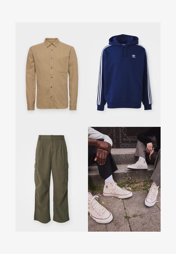 Navy blauwe hoodie van katoenmix, met witte zijkanten, een verstelbare trekkoordkap en een voorste kangoeroezak.; Only & Sons ONSGUDMUND SOLID - Overhemd - chinchilla; Cargo broek in olijfgroen, gemaakt van katoen, met een wijd broekontwerp, plooien en zijzakken voor utility.; Beige hoge canvas sneakers met rode streep, witte rubberen zool en metalen oogjes, met het iconische sterrenlogo aan de zijkant.