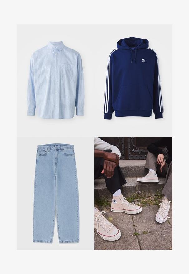 Navy krāsas kapuce, izgatavota no kokvilnas maisījuma, ar baltām sānu svītrām, regulējamu auklu kapuci un priekšējo kangora kabatu.; Gai zili kreklis ar garām piedurknēm, ar vertikālām joslām tumšākā zilā un rudzupuķu krāsā. Ar apkakli un krūšu kabatu. Audums no kokvilnas.; Gai zila džinsu bikses ar taisnu kāju dizainu, kas piedāvā vidēju vidukļa augstumu, piecas kabatas un pogas un rāvējslēdzēja aizdari.; Augstpapēžu beigu kanvas kedas ar sarkanu svītru, baltu gumijas zoli un metāla acīm, ar ikonisku zvaigznes logo sānos.