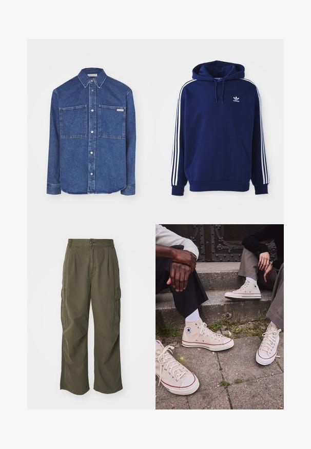 Navy blauwe hoodie van katoenmix, met witte zijkanten, een verstelbare trekkoordkap en een voorste kangoeroezak.; Calvin Klein Jeans REGULAR LINEAR - Overhemd - blue denim medium; Cargo broek in olijfgroen, gemaakt van katoen, met een wijd broekontwerp, plooien en zijzakken voor utility.; Beige hoge canvas sneakers met rode streep, witte rubberen zool en metalen oogjes, met het iconische sterrenlogo aan de zijkant.