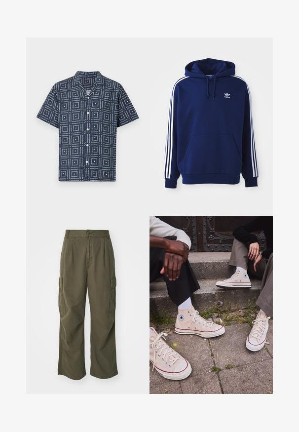 Sweatshirt azul marinho feito de mistura de algodão, com riscas brancas nas laterais, capuz com cordão ajustável e um bolso canguru na frente.; Camisa de manga curta em tecido azul-marinho escuro com um padrão geométrico de quadrados brancos, apresentando um fecho de botões à frente e um design de colarinho clássico.; Calças cargo em verde oliva, feitas de algodão, com um design de perna larga, pregas e bolsos laterais para utilidade.; Ténis de cano alto em tela bege com risca vermelha, sola de borracha branca e ilhós de metal, apresentando o icónico logo da estrela na lateral.