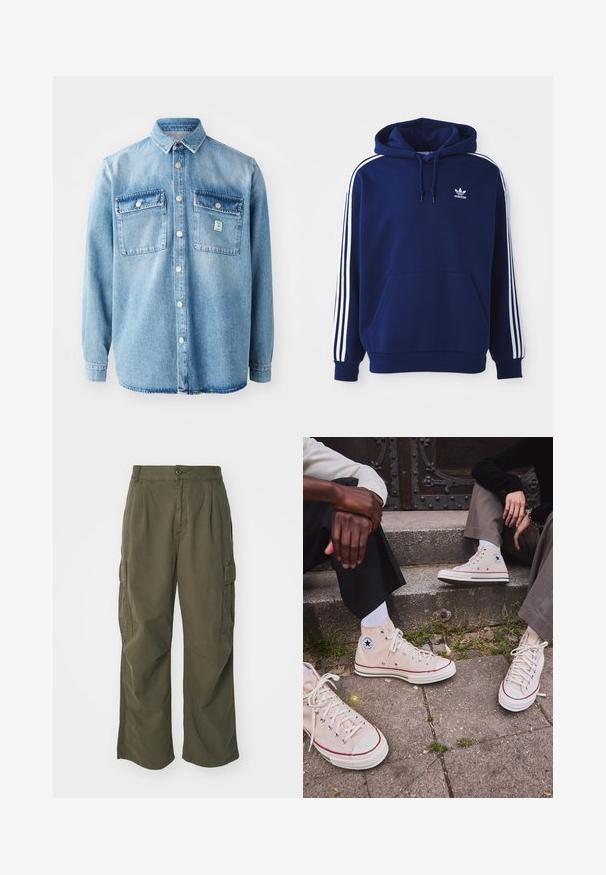 Tengerészkék kapucnis pulóver, pamut keverékből készült, fehér oldalsávokkal, állítható húzókás kapucnival és elülső kenguruzsebbe.; világoskék farmering hosszú ujjakkal, hegyes gallérral, két mellzsebbel és elülső gombos záródással. Finom szövettextúrával és varrási részletekkel rendelkezik.; Olívazöld cargo nadrág, pamutból készült, széles lábú kialakítással, plisszírozással és oldalsó zsebekkel a funkcionalitás érdekében.; Magas szárú bézs vászon tornacipő piros csíkkal, fehér gumitalppal és fém fűzőlyukakkal, az oldalukon ikonikus csillaglogóval.