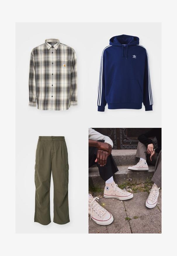 Tummansininen huppari, joka on valmistettu puuvillasekoitteesta. Siinä on valkoiset sivupinnat, säädettävä nauhahiha sekä etupussit.; Pitkähihaisessa paidassa on musta ja kerma värinen ruudullinen kuvio, napitampa edestä, sekä rintatasku, jossa on Carhartt-logopatchi.; Vihreät cargo-housut, valmistettu puuvillasta, leveällä lahjesuunnittelulla, taitoksilla ja sivutaskuilla käytännöllisyyttä varten.; Korkean varren beige kangastennarit, joissa on punainen raita, valkoinen kumipohja ja metalliset silmukat, sekä ikoninen tähti-logo sivussa.