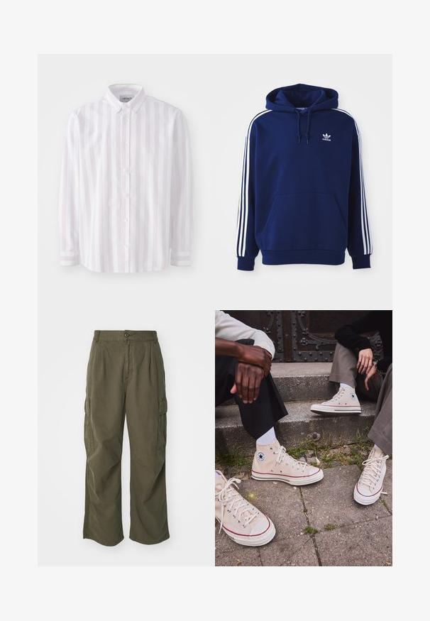 Felpa blu navy realizzata in misto cotone, presenta strisce bianche laterali, un cappuccio con cordino regolabile e una tasca a kangaroo frontale.; Camicia a maniche lunghe con bottoni in rosa chiaro e bianco a righe verticali. Presenta un colletto a punta e chiusura con bottoni, realizzata in tessuto di cotone.; Pantaloni cargo in verde oliva, realizzati in cotone, con un design a gamba larga, pieghe e tasche laterali per utilità.; Sneakers alte in tela beige con striscia rossa, suola in gomma bianca e occhielli metallici, con l'iconico logo a stella sul lato.