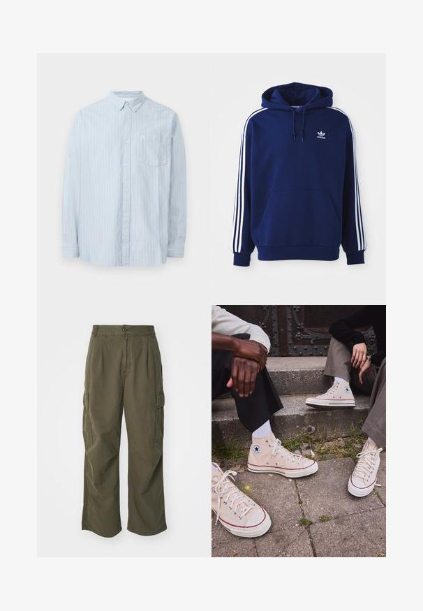 Mørkeblå hettegenser laget av bomullsblanding, med hvite sidestriper, justerbar snorhette og en stor kengurulomme foran.; Lyseblå knapp-up skjorte med hvite vertikale striper, med krage, lange ermer og brystlomme. Laget av et mykt materiale.; Olivenfargede cargo bukser, laget av bomull, med bred bendesign, folder og sidelommer for nytte.; Beige høye duk-sneakers med rød stripe, hvit gummiksole og metalløyer, med ikonisk stjerne logo på siden.