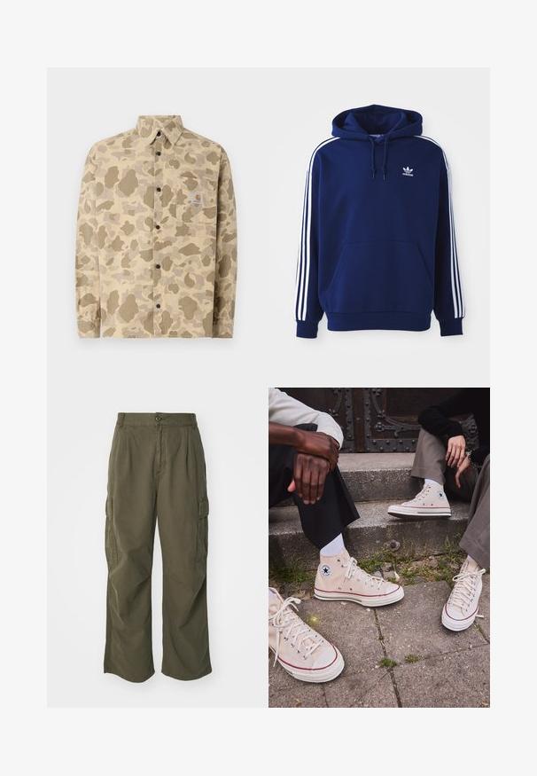 Felpa blu navy realizzata in misto cotone, presenta strisce bianche laterali, un cappuccio con cordino regolabile e una tasca a kangaroo frontale.; Camicia button-up di colore beige con un motivo camouflage in diverse tonalità di marrone. Presenta una tasca sul petto e bottoni neri. Realizzata in tessuto con una texture morbida.; Pantaloni cargo in verde oliva, realizzati in cotone, con un design a gamba larga, pieghe e tasche laterali per utilità.; Sneakers alte in tela beige con striscia rossa, suola in gomma bianca e occhielli metallici, con l'iconico logo a stella sul lato.