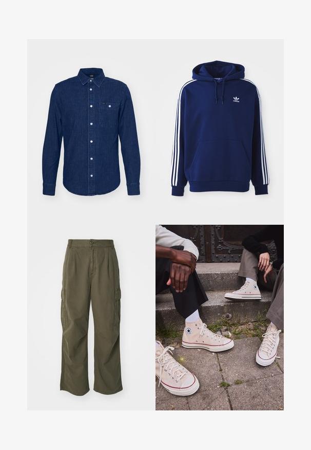 Dunkelblauer Hoodie aus Baumwollmischung, mit weißen Seitenstreifen, einer verstellbaren Kapuze mit Kordelzug und einer vorderen Kängurutasche.; Lee LEESURE - Hemd - maple wash; Cargo-Hosen in Olivgrün, aus Baumwolle, mit weitem Bein, Falten und seitlichen Taschen für Funktionalität.; Beige Canvas-Hochschuh-Sneaker mit rotem Streifen, weißer Gummisohle und Metall-Ösen, mit iconic Stern-Logo an der Seite.