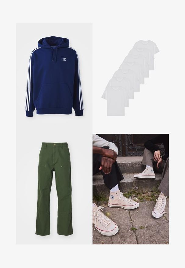 Tumed sinine kapuutsiga sviiter, mis on valmistatud puuvillase segu materjalist, sisaldab valgeid küljeribasid, reguleeritavat nööriga kapuutsi ja eesmist känguru taskut.; Valge puuvillane T-särk, lühikeste varrukatega, ümar neel, ühtlane tekstuur, reastatud kuhjale, kaeluses peene brändinguga.; Roheline puuvillane püksid sirge lõikega, ees ja taga on taskud, kuldse tooni detailid ja tugevdatud põlvekatted.; Beige kõrge säärega kanvas tennised punase ribaga, valge kummitald ja metallist silmad, mille külje peal on ikooniline tähe logo.