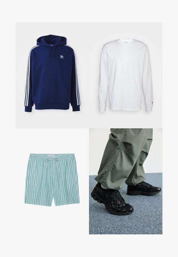 Mørkeblå hættetrøje lavet af bomuldsblanding, med hvide sidelister, en justerbar snørehætte og en frontlomme til hænderne.; Hvid langærmet T-shirt lavet af bomuld. Rund halsudskæring med ribbede manchetter og et lille logo på venstre ærme. Glat tekstur.; Stribede svømmebukser i lysegrøn og hvid. Har en elastisk talje, snøre lukning og sidelommer. Fremstillet af letvægtsstof.; Sorte atletiske sneakers med blanke og mesh teksturer, der har en tyk sål og snørebånd, parret med løse olivengrønne cargo bukser.