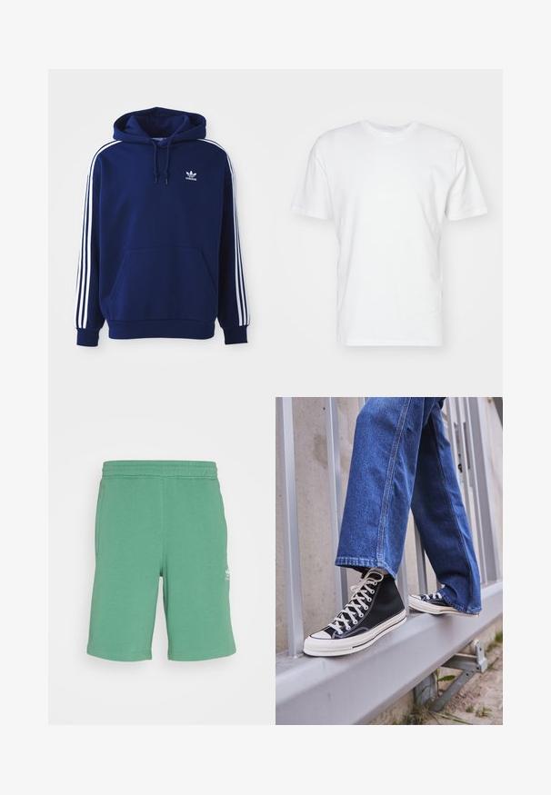 Felpa blu navy realizzata in misto cotone, presenta strisce bianche laterali, un cappuccio con cordino regolabile e una tasca a kangaroo frontale.; T-shirt bianco in cotone con maniche corte, scollatura rotonda e una consistenza liscia. Design semplice senza motivi o grafiche.; adidas Originals Pantaloni sportivi - preloved green; Scarpe da ginnastica nere alte con suola e lacci bianchi, abbinate a jeans di denim blu larghi, appoggiate su un parapetto grigio.