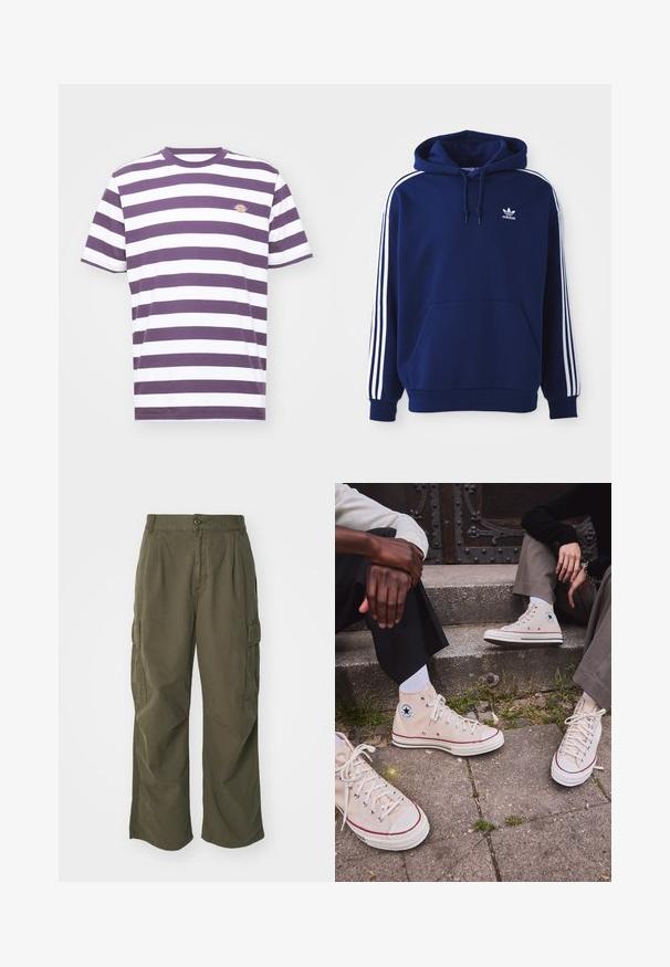 Tamsiai mėlyna megztinis su gobtuvu, pagamintas iš medvilnės mišinio, turi baltas šonines juosteles, reguliuojamą raištelį ant gobtuvo ir priekines kengūrinės kišenes.; Dickies RIVERGROVE TEE - Marškinėliai su spaudiniu - plum perfect; Olive žalių spalvos krovinių kelnės, pagamintos iš medvilnės, su plačiomis kojomis, raukšlėmis ir šoninėmis kišenėmis praktiškumui.; Aukštakulniai bežiniai drobės sportbačiai su raudona juostele, balta guma padu, metaliniais užsegimais, su ikonišku žvaigždės logotipu šone.