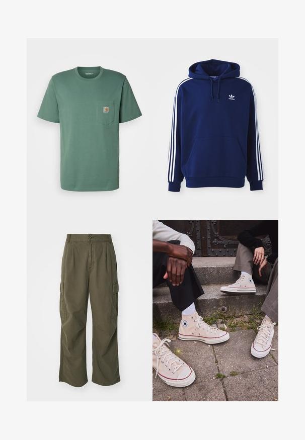 Tmavě modrá mikina s kapucí vyrobená z bavlněné směsi, má bílé boční pruhy, nastavitelnou kapuci se stahovací šňůrkou a přední klokaní kapsu.; Carhartt WIP POCKET - Jednoduché tričko - duck green; Olivové cargo kalhoty z bavlny, s širokým střihem, sklady a postranními kapsami pro praktičnost.; Beige plátěné sneakersy vysokého střihu s červeným proužkem, bílou gumovou podrážkou a kovovými očky, s ikonickým hvězdným logem na boku.