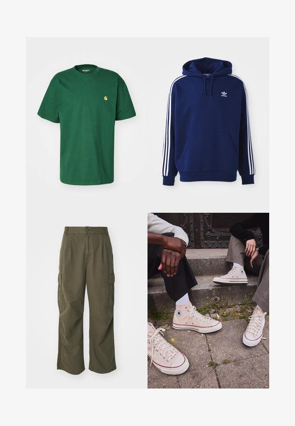 Navy blauwe hoodie van katoenmix, met witte zijkanten, een verstelbare trekkoordkap en een voorste kangoeroezak.; Carhartt WIP CHASE - T-shirt basic - sycamore tree/gold; Cargo broek in olijfgroen, gemaakt van katoen, met een wijd broekontwerp, plooien en zijzakken voor utility.; Beige hoge canvas sneakers met rode streep, witte rubberen zool en metalen oogjes, met het iconische sterrenlogo aan de zijkant.