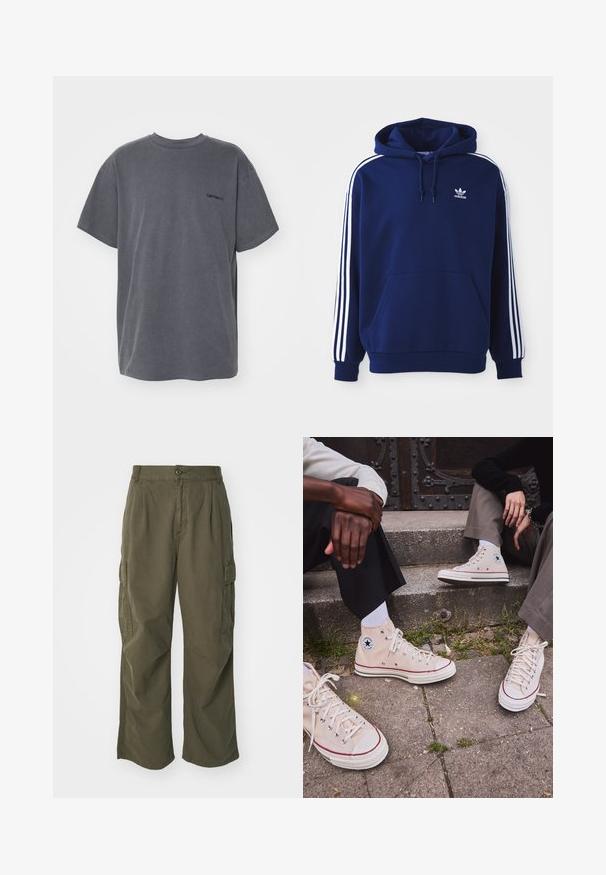 Navy blue hoodie made of cotton blend, features white side stripes, an adjustable drawstring hood, and a front kangaroo pocket.; Carhartt WIP DUSTER SCRIPT - Basic T-shirt - black; Cargo pants in olive green, made of cotton, with a wide leg design, pleats, and side pockets for utility.; High-top beige canvas sneakers with red stripe, white rubber sole, and metal eyelets, featuring iconic star logo on the side.