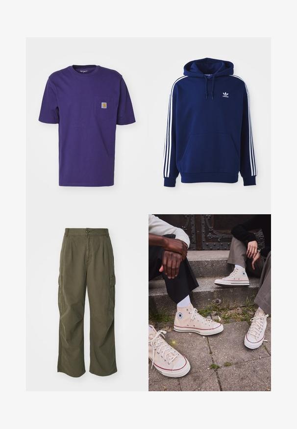 Navy krāsas kapuce, izgatavota no kokvilnas maisījuma, ar baltām sānu svītrām, regulējamu auklu kapuci un priekšējo kangora kabatu.; Carhartt WIP POCKET - Pamata T-krekls - aura; Olīvu zaļas kravas bikses, izgatavotas no kokvilnas, ar platām kājām, ar krokām un sānu kabatām funkcionālitātes nolūkos.; Augstpapēžu beigu kanvas kedas ar sarkanu svītru, baltu gumijas zoli un metāla acīm, ar ikonisku zvaigznes logo sānos.