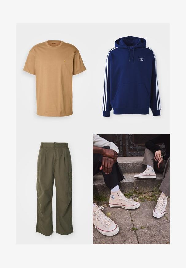 Hanorac bleumarin dintr-un amestec de bumbac, cu dungi albe pe lateral, un glugă cu șnur ajustabil și un buzunar frontal tip kangaroo.; Carhartt WIP CHASE - Tricou basic - peanut/gold; Pantaloni cargo de culoare verde oliv, din bumbac, cu un design cu picioare largi, plii și buzunare laterale pentru utilitate.; Adidași înalți bej din pânză, cu dungi roșii, talpă din cauciuc alb și gromete metalice, având logo-ul iconic cu stea pe lateral.