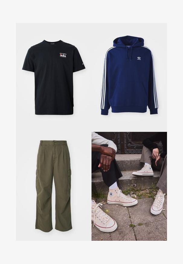 Mørkeblå hættetrøje lavet af bomuldsblanding, med hvide sidelister, en justerbar snørehætte og en frontlomme til hænderne.; Sort bomuld t-shirt med korte ærmer. Har et grafisk logo i rød, hvid og blå på den øverste venstre bryst. Glat tekstur, design med rund hals.; Cargo bukser i olivengrøn, lavet af bomuld, med et bredt ben design, læg og sidelommer til praktisk anvendelse.; Højkantede beige lærreds sneakers med rød stripe, hvid gummisål og metaløjer, der har det ikoniske stjernelogo på siden.