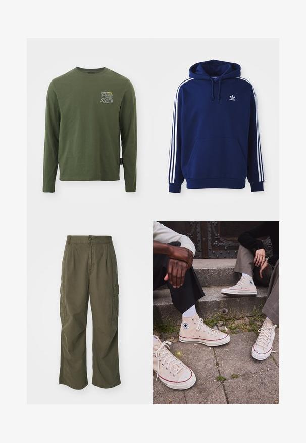 Tumed sinine kapuutsiga sviiter, mis on valmistatud puuvillase segu materjalist, sisaldab valgeid küljeribasid, reguleeritavat nööriga kapuutsi ja eesmist känguru taskut.; Pikend varrukatega, oliivaroheline t-särk pehmest puuvillast. Omab ümmargust kaelust ning väikest esikujundust valge ja kollase tekstiga.; Olivi rohelised cargo püksid, valmistatud puuvillast, laia jala disainiga, voldikute ja küljetaskutega praktilisuse huvides.; Beige kõrge säärega kanvas tennised punase ribaga, valge kummitald ja metallist silmad, mille külje peal on ikooniline tähe logo.