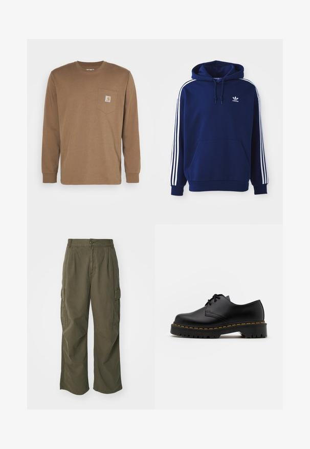 Temno modra kapuca narejena iz bombažnega blaga, z belimi stranskimi črtami, nastavljivo kapuco s vrvico in sprednjim kengurujskim žepom.; Rjav dolg rokav T-maica iz bombaža, ki ima žep na prsih z kvadratnim logotipovim oznako. Preprost dizajn z okroglim izrezom in ravnim robom.; Kargo hlače v olivno zeleni barvi, izdelane iz bombaža, s širokim krojem, nabranimi detajli in stranskimi žepi za praktičnost.; Črne usnjene čevlje z vezalkami in zaobljenim nosom, z gumijastim podplatom in rumenim šivom okoli osnove. Ravna zasnova in gladka površina.