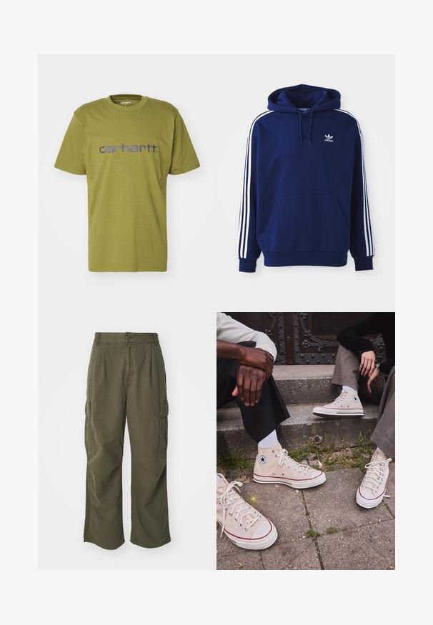 Navy blauwe hoodie van katoenmix, met witte zijkanten, een verstelbare trekkoordkap en een voorste kangoeroezak.; Olijfgroene katoenen t-shirt met een ronde halslijn en korte mouwen, voorzien van een blauwe "carhartt." logo op de borst.; Cargo broek in olijfgroen, gemaakt van katoen, met een wijd broekontwerp, plooien en zijzakken voor utility.; Beige hoge canvas sneakers met rode streep, witte rubberen zool en metalen oogjes, met het iconische sterrenlogo aan de zijkant.