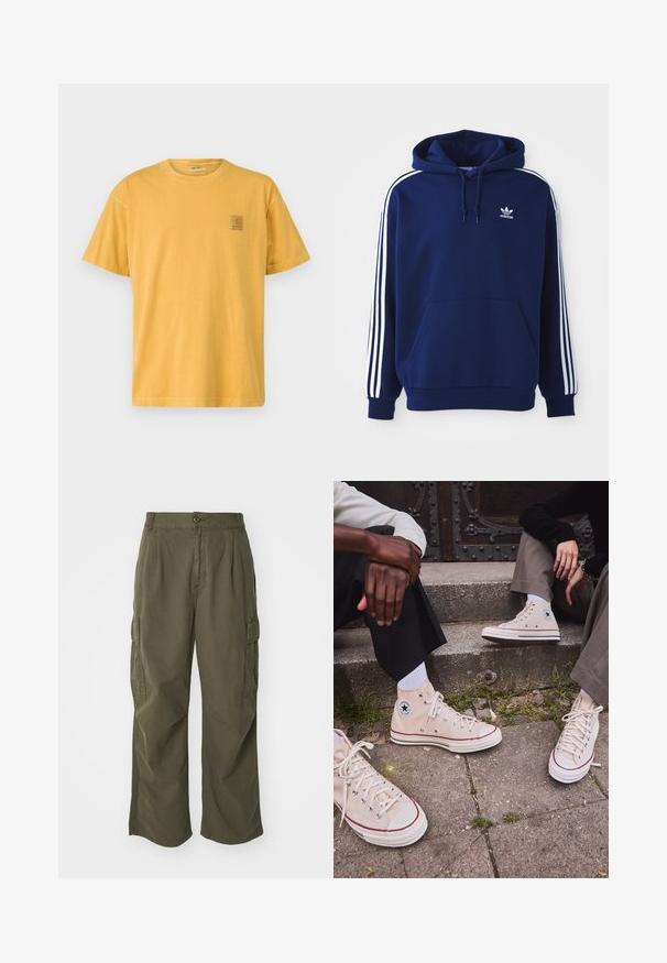 Navy krāsas kapuce, izgatavota no kokvilnas maisījuma, ar baltām sānu svītrām, regulējamu auklu kapuci un priekšējo kangora kabatu.; Īsām piedurknēm, apaļā kakla t-krekls sinepju dzeltenā audumā. Uz kreisā krūts ir neliela kvadrātveida logotipa birka. Mīksta kokvilnas struktūra.; Olīvu zaļas kravas bikses, izgatavotas no kokvilnas, ar platām kājām, ar krokām un sānu kabatām funkcionālitātes nolūkos.; Augstpapēžu beigu kanvas kedas ar sarkanu svītru, baltu gumijas zoli un metāla acīm, ar ikonisku zvaigznes logo sānos.