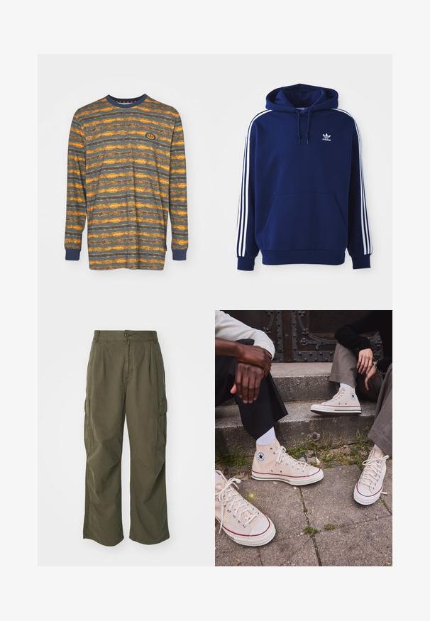 Tengerészkék kapucnis pulóver, pamut keverékből készült, fehér oldalsávokkal, állítható húzókás kapucnival és elülső kenguruzsebbe.; Hosszú ujjú póló vízszintes narancssárga és szürke csíkokkal, pamut anyagból, kerek nyakkivágással és kék bordás mandzsettákkal. Logo folt található rajta.; Olívazöld cargo nadrág, pamutból készült, széles lábú kialakítással, plisszírozással és oldalsó zsebekkel a funkcionalitás érdekében.; Magas szárú bézs vászon tornacipő piros csíkkal, fehér gumitalppal és fém fűzőlyukakkal, az oldalukon ikonikus csillaglogóval.