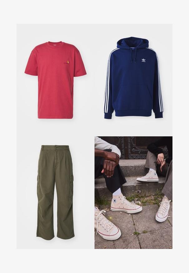 Sweatshirt azul marinho feito de mistura de algodão, com riscas brancas nas laterais, capuz com cordão ajustável e um bolso canguru na frente.; Carhartt WIP AMERICAN SCRIPT - T-shirt básica - tuscany; Calças cargo em verde oliva, feitas de algodão, com um design de perna larga, pregas e bolsos laterais para utilidade.; Ténis de cano alto em tela bege com risca vermelha, sola de borracha branca e ilhós de metal, apresentando o icónico logo da estrela na lateral.