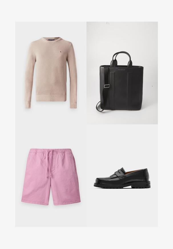 Maglione lavorato a maglia beige chiaro, colletto a giro, maniche lunghe, polsini e fondo a coste, con un piccolo logo sul lato sinistro del petto.; Shorts rosa chiaro realizzati in un materiale morbido, con vita elasticizzata e coulisse, e tasche laterali. Gambe a taglio dritto, senza motivi.; I mocassini in pelle nera presentano una cucitura sollevata, due fasce decorative sulla parte superiore e una suola spessa e texture per una maggiore aderenza.; Borsa tote in pelle nera con due manici superiori e una tracolla removibile. Presenta cuciture verticali e logo impresso sulla parte anteriore.