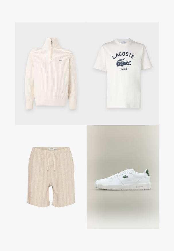 Kremfarget teksturert strikkegenser med kvart glidelås og en liten grønn brodert krokodillelogo på brystet.; Hvit bomull t-skjorte med korte ermer, med et marineblått Lacoste-logo og krokodillegrafikk sentrert på brystet. Myk tekstur.; Beige bomullsshorts med vertikale striper, elastisk midje, snor og sidelommer. Myk tekstur og uformelt design.; Hvite skinnsneakers med en glatt finish, grønne detaljer på hælen og en grønn logo på siden. Inkluderer flat såle og rund tå.