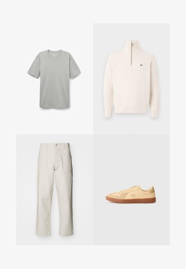 Cream-colored textured knit sweater with a quarter zip collar and a small green embroidered crocodile logo on the chest.; Light gray cotton t-shirt featuring a crew neck, short sleeves, and a relaxed fit. Smooth texture with no visible patterns or embellishments.; Light beige wide-leg pants made of cotton. Features front pockets and a button closure. Smooth texture with subtle vertical lines.; Lacoste sneakers in pale yellow leather, featuring a gum rubber sole, lace-up design, and iconic logo. Suede accents on toe and heel.