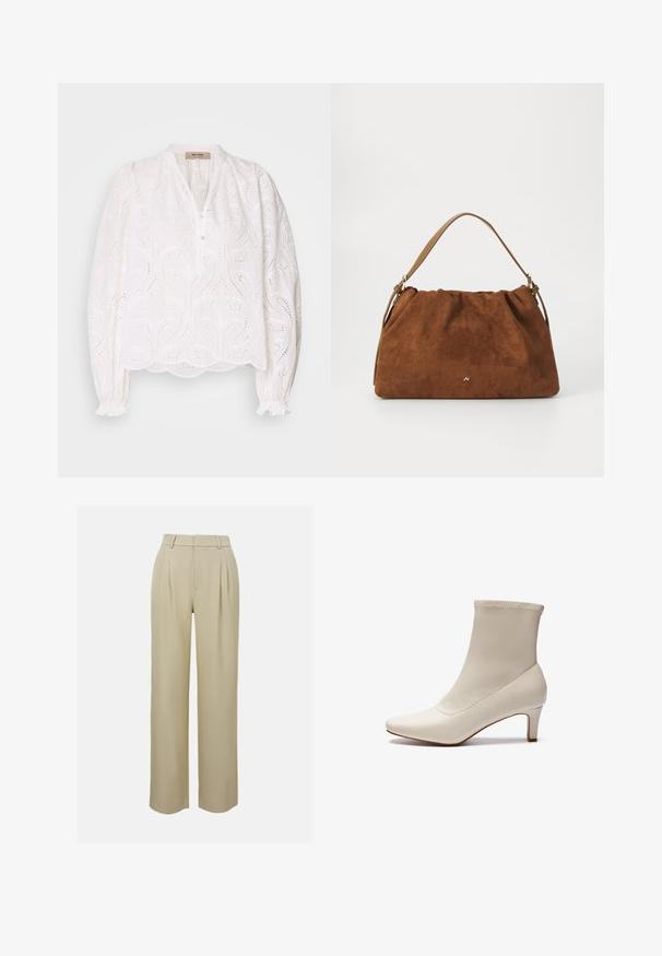 Kootud sviiter kreemjas ja tumepruunis. Omab geomeetrilist mustrit, soonikkoes kaelust ja äärt, pikki varrukasid ning lühikest lõike.; Valge pluus peene lõikega mustriga, nööpidega ees, ümmargune kaelus ja elastsete mansettidega. Pehme kangas, üleva lõige, laineline ääreline.; Beezhides laiad püksid, mis on valmistatud siledast kangast, millel on ees pleated, meisterdatud vöökoht ja küljetaskud. Puhtad allääred.; Valge pahklöök made of sile nahk, terava ninaga ja lühikese, kitseneva kanna ning minimalistliku disainiga ja saumatult pealpool.; Pruun nubukist käekott, millel on kokku tõmmatud disain, ühesaanvärvilise naha rihmaga ja esiküljel peen kuldne logo detail.