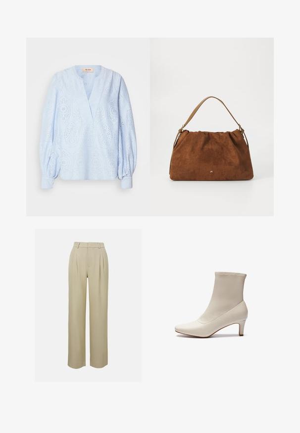 Knitted sweater in cream and dark brown. Features a geometric pattern, ribbed neckline and hem, long sleeves, and a cropped cut.; Light blue blouse with a v-neck, long puffed sleeves, and intricate eyelet pattern throughout. Soft cotton texture and casual fit.; Beige wide-leg trousers made of smooth fabric, featuring front pleats, a tailored waistband, and side pockets. Clean hem finish.; White ankle boot made of smooth leather with a pointed toe and a short, tapered heel. Features a minimalist design and seamless upper.; Brown suede handbag with a gathered design, featuring a single tan leather strap and a subtle gold logo detail on the front.