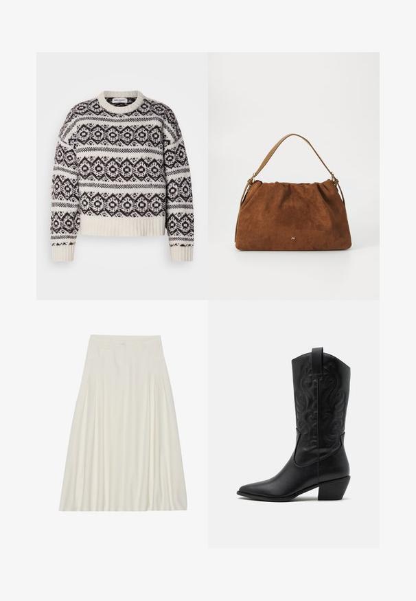 Pletený sveter v krémovej a tmavo hnedej farbe. Obsahuje geometrický vzor, rebrovaný výstrih a lem, dlhé rukávy a skrátený strih.; Biela sukňa po kolená vyrobená z ľahkého materiálu s plisovaním, pásom so zapínaním na gombík a bočnými vreckami.; Čierna kožená kovbojská čižma s špicatou špičkou, embosovanými vírivými vzormi a stredne vysokým opätkom. Obsahuje pútko pre jednoduché obúvanie.; Hnedá semišová kabelka s nariaseným dizajnom, s jedným koženým remienkom v svetlohnedej farbe a jemným zlatým logom na prednej strane.