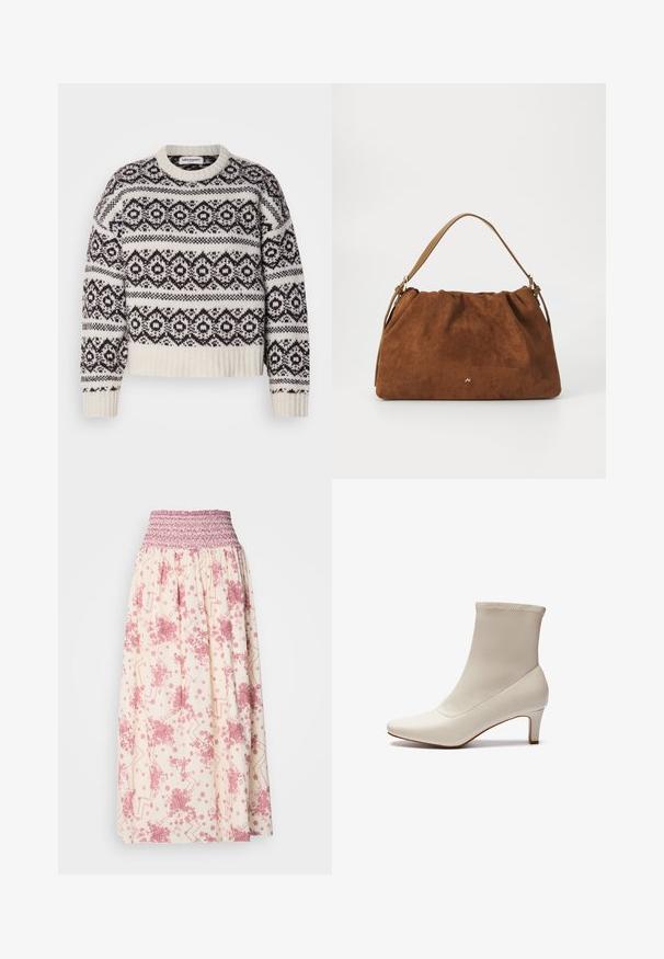 Knitted sweater in cream and dark brown. Features a geometric pattern, ribbed neckline and hem, long sleeves, and a cropped cut.; Maxi skirt in cream with pink floral and geometric patterns. Features a smocked waist for adjustable fit, made from lightweight fabric.; White ankle boot made of smooth leather with a pointed toe and a short, tapered heel. Features a minimalist design and seamless upper.; Brown suede handbag with a gathered design, featuring a single tan leather strap and a subtle gold logo detail on the front.