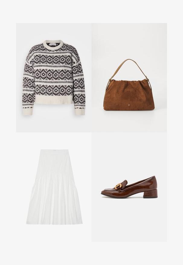 Gebreide trui in crème en donkerbruin. Voorzien van een geometrisch patroon, geribbelde halslijn en zoom, lange mouwen en een cropped snit.; Witte, knie-lange rok van katoen. Heeft eenGathered detail bij de taille, een gladde textuur en een eenvoudige, klassieke A-lijn silhouet.; Bruine leren loafers met een glanzende afwerking, met een decoratieve gouden gesp aan de voorkant en een lage blokhak. Klassiek ontwerp.; Bruine suède handtas met een geplooid ontwerp, voorzien van een enkele tan kleur leren schouderband en een subtiele gouden logo-detail aan de voorkant.