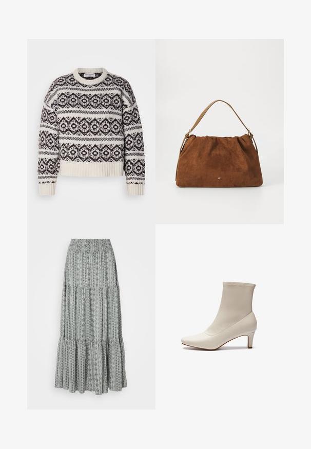 Strickpullover in Creme und Dunkelbraun. Merkmale ein geometrisches Muster, gerippten Ausschnitt und Saum, lange Ärmel und einen verkürzten Schnitt.; Lange, gestufte Rock in Hellgrau mit schwarzen floralen und gestreiften Mustern. Elastischer Bund, fließendes Design und strukturierter Stoff.; Weiße Knöchelstiefel aus glattem Leder mit spitzem Zehenbereich und einem kurzen, schmalen Absatz. Verfügt über ein minimalistisches Design und ein nahtloses Obermaterial.; Braune Wildlederhandtasche mit einem gerafften Design, ausgestattet mit einem einzelnen hellbraunen Ledertragegurt und einem subtilen goldenen Logo-Detail auf der Vorderseite.
