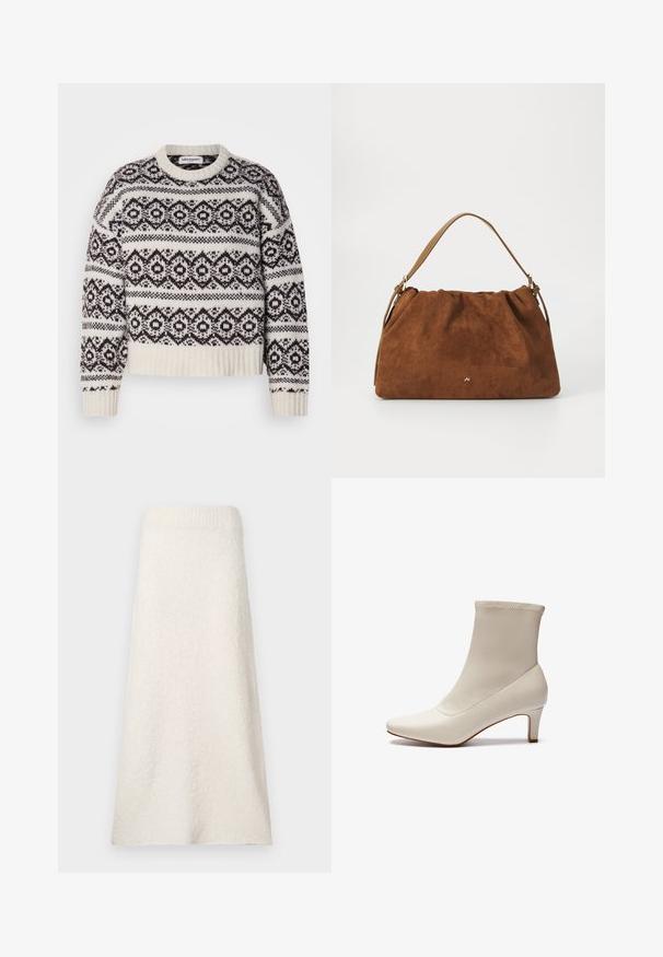 Maglione lavorato a maglia in crema e marrone scuro. Presenta un motivo geometrico, collo e orlo a coste, maniche lunghe e una veste corta.; Gonna in spugna color crema, lunghezza ginocchio, realizzata in tessuto textured, con una vita a coste e un design morbido e fluido.; Stivaletto bianco alla caviglia in pelle liscia con punta affusolata e tacco corto e affusolato. Presenta un design minimalista e una parte superiore senza cuciture.; Borsa in suede marrone con un design arricciato, dotata di una singola tracolla in pelle beige e di un sottile logo dorato dettagliato sulla parte anteriore.